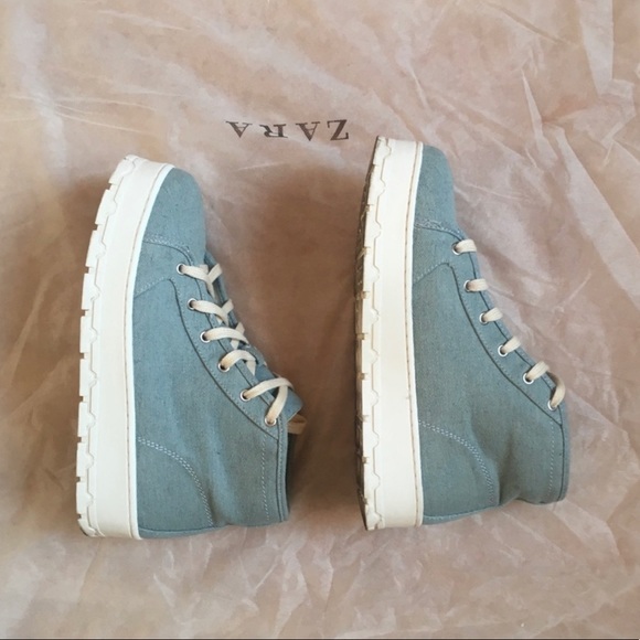 ZARA Fabric Platform High Top Sneakers in Light Blue with white soles - Picture 6 of 7